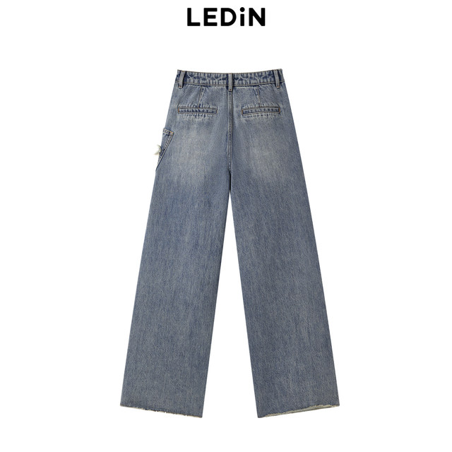 Lecho summer new star patch ripped denim wide-leg pants C2HAE2335