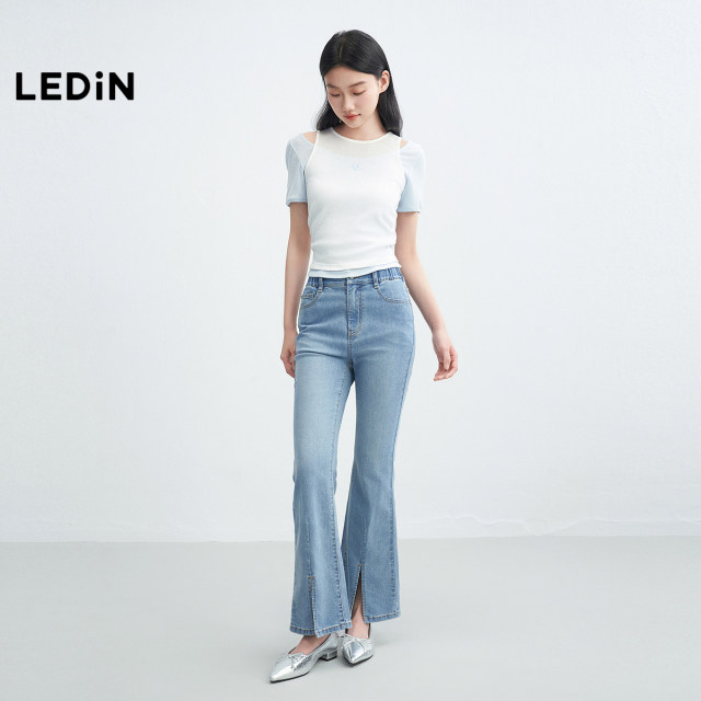 Lecho Elastic waist flared jeans 2025 summer new long-leg slit design to make you look thin and high-waisted trousers
