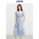 Lecheng Daisy Embroidered Long Dress Summer New Blue Striped Dress Simak Design Puff Sleeve Square Collar Dress
