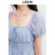 Lecheng Daisy Embroidered Long Dress Summer New Blue Striped Dress Simak Design Puff Sleeve Square Collar Dress
