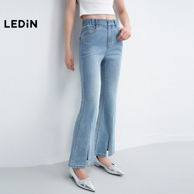 Lecho Elastic waist flared jeans 2025 summer new long-leg slit design to make you look thin and high-waisted trousers
