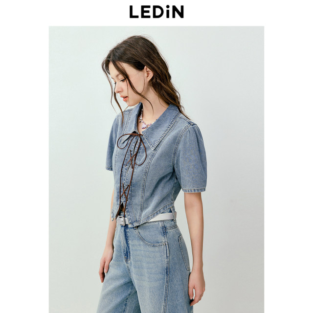 Lecho polo necklace short-sleeved denim shirt for women in summer new irregular design chic top