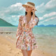 Sanqi long-sleeved one-piece swimsuit skirt-style chubby girl covering her belly and making her look slim and sun protection on the seaside hot spring swimsuit 24030