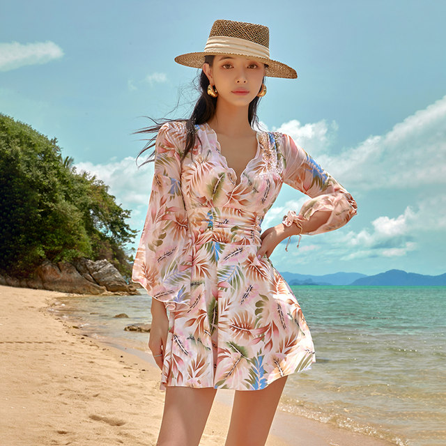 Sanqi long-sleeved one-piece swimsuit skirt-style chubby girl covering her belly and making her look slim and sun protection on the seaside hot spring swimsuit 24030