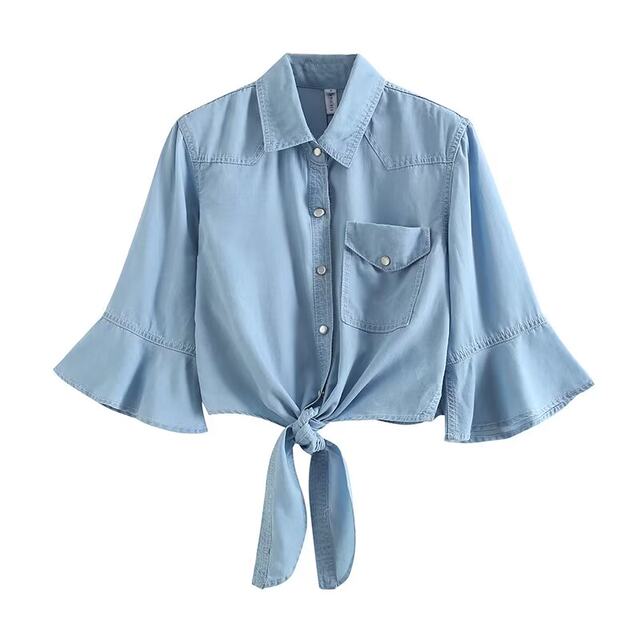 Large size ~ 2024 summer new style thin hem knotted denim shirt women's mid-sleeved shawl jacket for women
