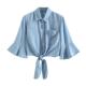 Large size ~ 2024 summer new style thin hem knotted denim shirt women's mid-sleeved shawl jacket for women
