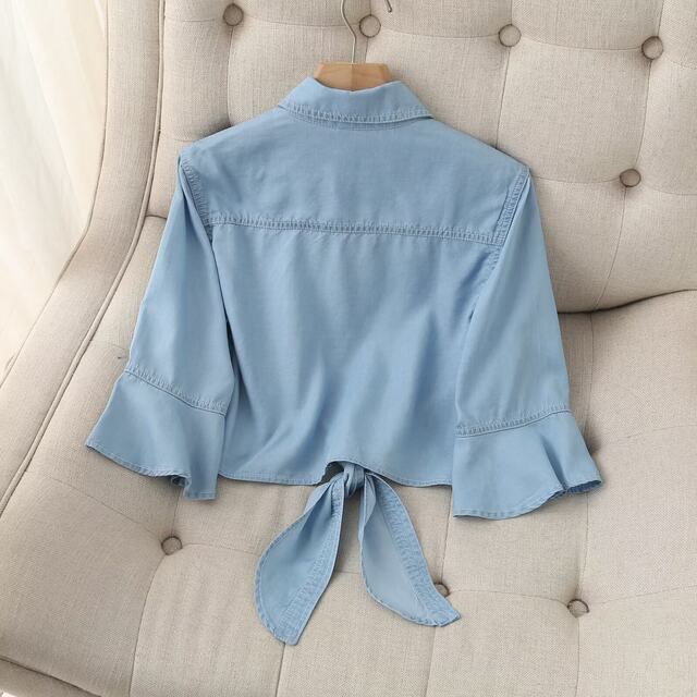 Large size ~ 2024 summer new style thin hem knotted denim shirt women's mid-sleeved shawl jacket for women
