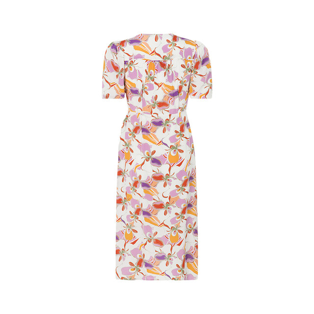 SUNCOO Summer Women's Fresh Printed V-neck Short Sleeve Waist-Close Long Dress Yintai