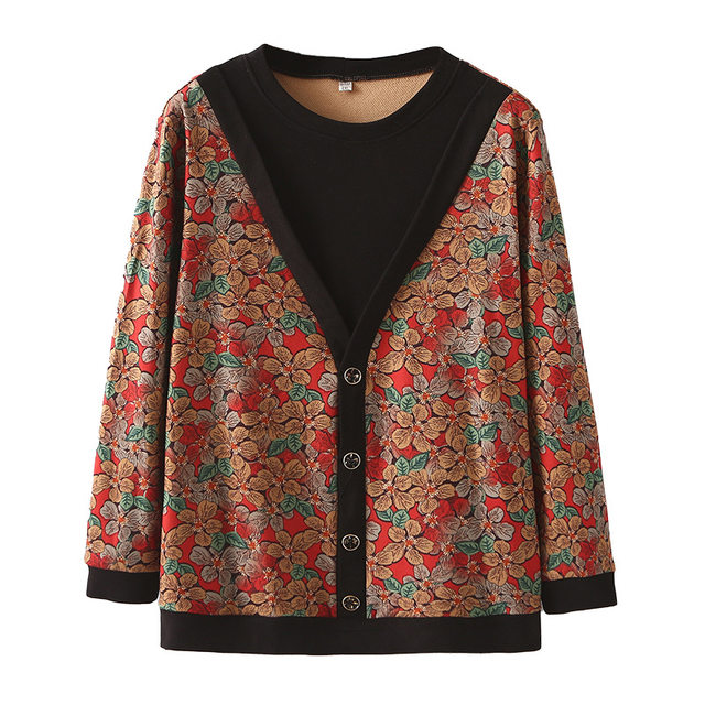 Middle-aged and elderly women's fake two-piece velvet bottoming shirt plus fat plus size mother's wear belly-covering loose top 200Jin [Jin equals 0.5kg]