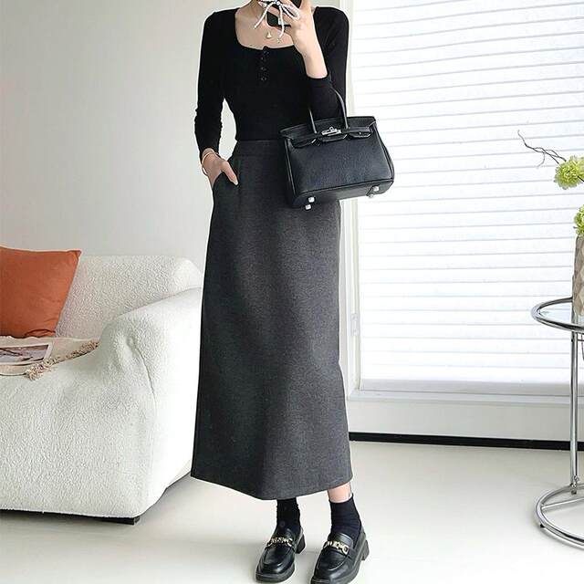 Woolen skirt 2024 autumn and winter new pocket rear slit straight skirt to make you look slim in one step midi skirt for women gray black