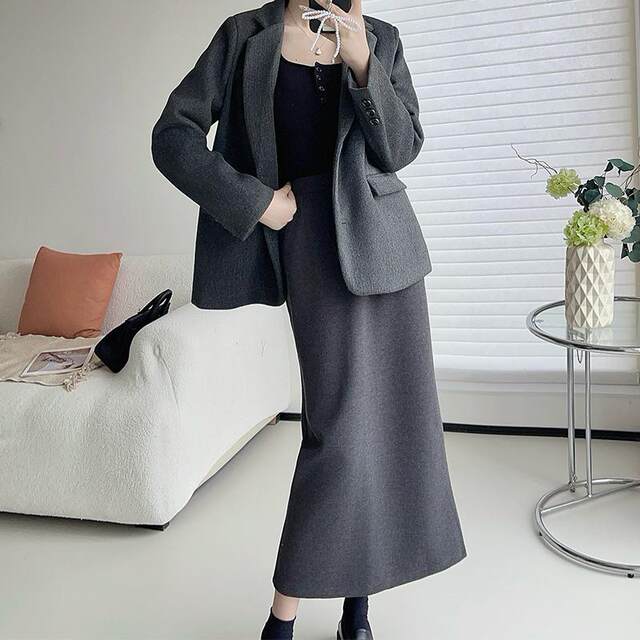 Woolen skirt 2024 autumn and winter new pocket rear slit straight skirt to make you look slim in one step midi skirt for women gray black
