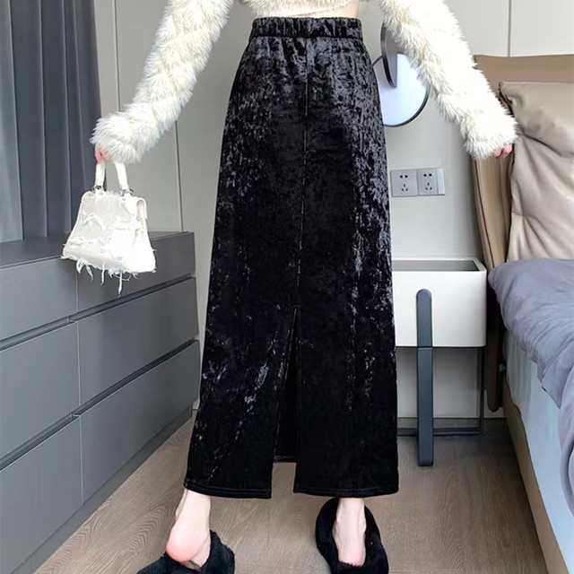 Gold velvet skirt for women, autumn and winter thickened velvet, retro slim hip skirt, mid-length back slit one-step skirt