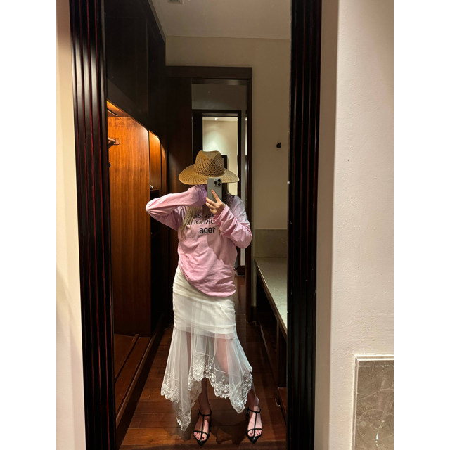 Wann Dreamy Gauze Skirt Embroidered lace fishtail skirt Women's summer 2024 new high-waisted temperament mesh long skirt