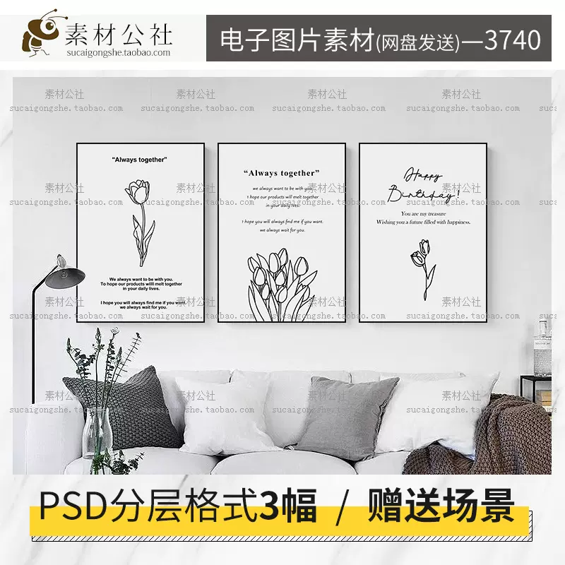 简约北欧黑白线条玫瑰花卉素描背景布艺术装饰画图片画芯喷绘