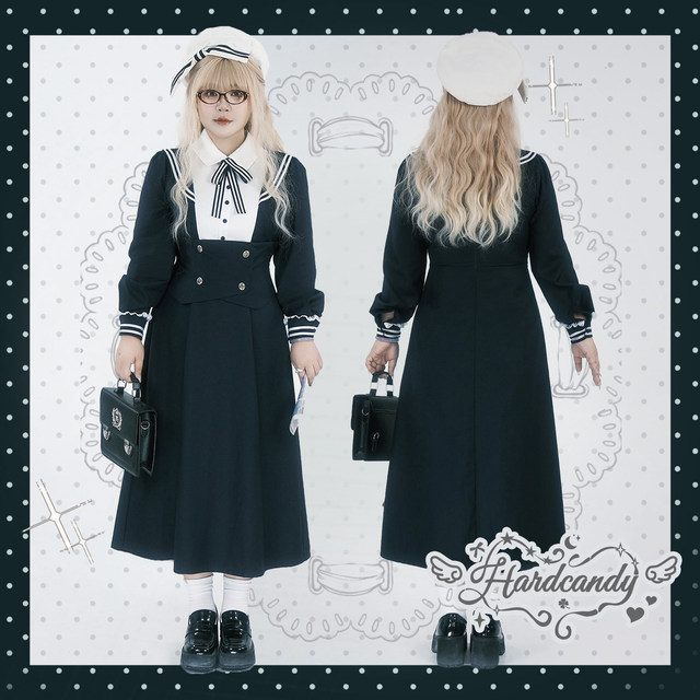 Hard candy plus size college style navy collar fake two piece lace dress