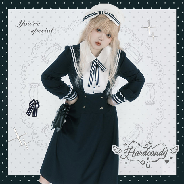 Hard candy plus size college style navy collar fake two piece lace dress