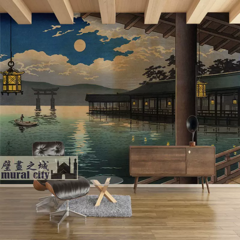 日本宫岛夏夜日式壁纸日系鸟居夜景墙纸和风墙布