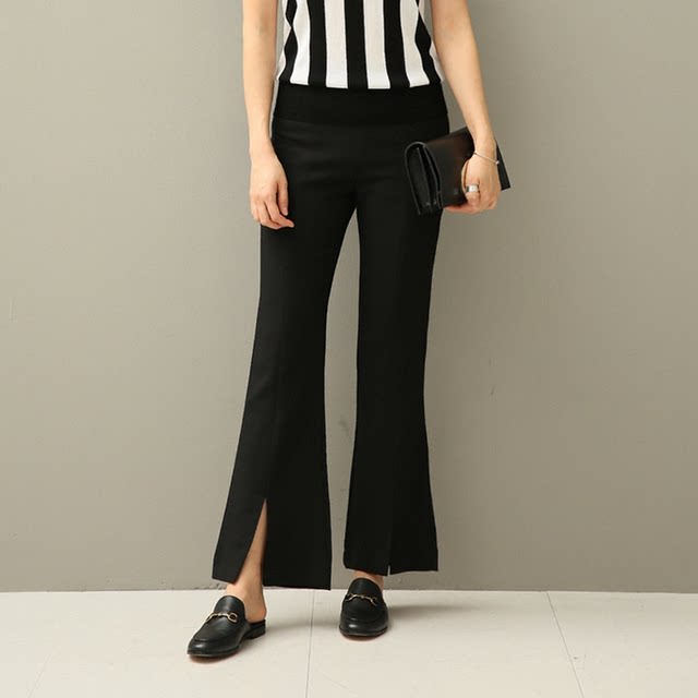 2024 Autumn and Winter Women's Roman Cotton Micro-Flame Trousers with Slit Black Slim Cropped Pants High Waist Pack Big Size Elastic