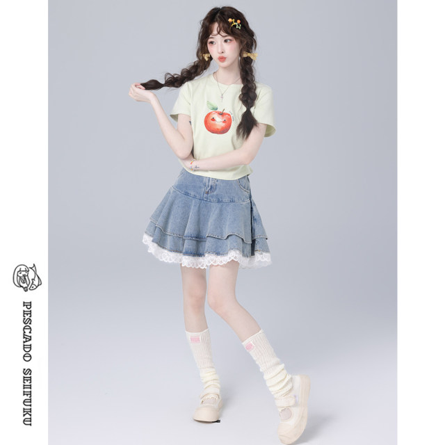 Salted fish wardrobe Lace denim skirt Women's summer sweet and cute cake skirt A-line short skirt Small skirt