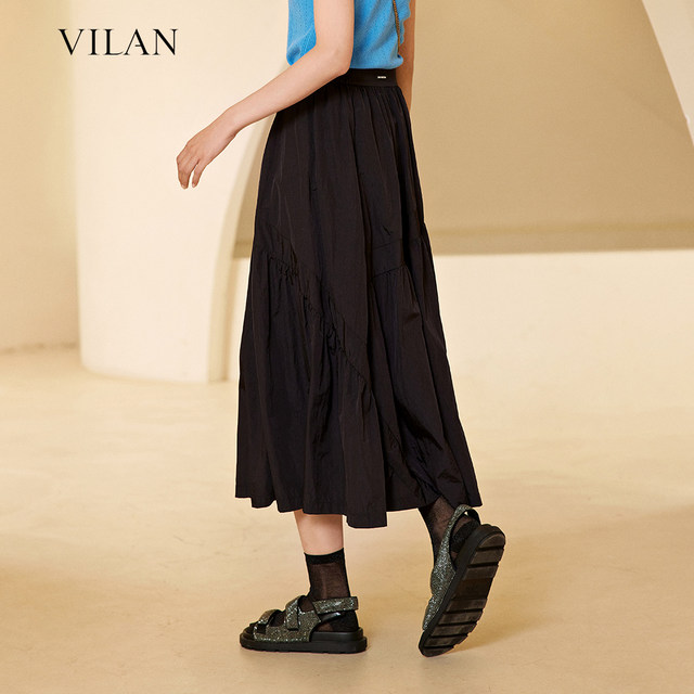 vilan/Huilan skirt for women in autumn new fashion commuting high waist slim solid color A-line skirt long skirt