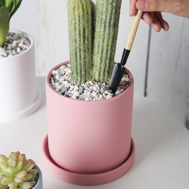 Morandi clay straight cylinder cylindrical Nordic colorful flower pot indoor succulent flowers and green plants simple pot with tray