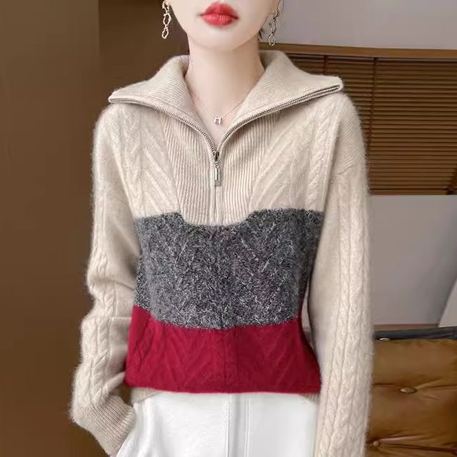 Cashmere Crimp Heavy diamond crimp 100% pure cardigan women's half-open zipper color ...