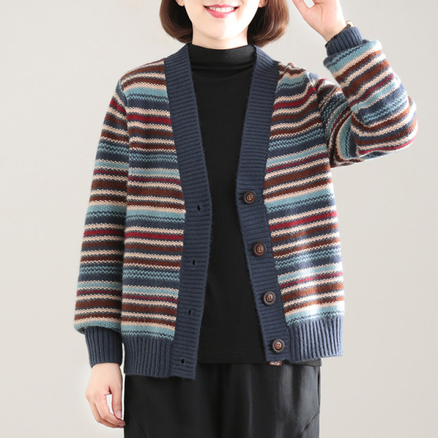 Peacock Feifei Korean version large size meat cover retro casual fashion V-neck cardigan jacket colorful striped sweater women