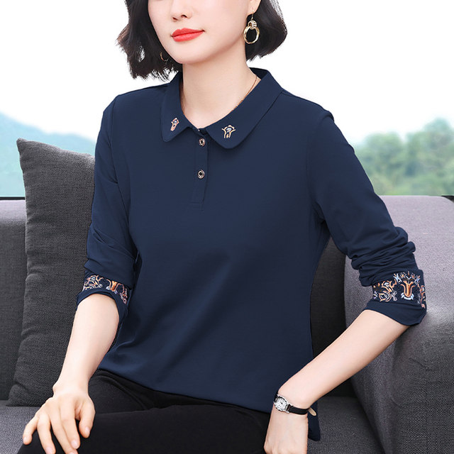 Noble mother style fashionable top middle-aged and elderly fashionable collared cotton long-sleeved T-shirt for women in autumn lapel base shirt