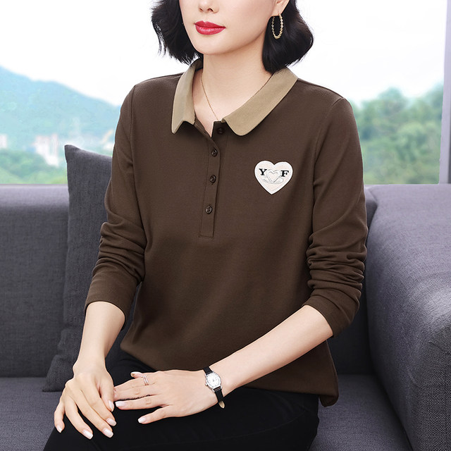 Middle-aged and elderly mothers' German velvet bottoming shirt for women in autumn and winter with lapel long-sleeved T-shirt polo shirt thickened warm top
