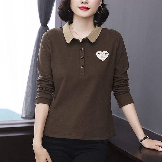 Middle-aged and elderly mothers' German velvet bottoming shirt for women in autumn and winter with lapel long-sleeved T-shirt polo shirt thickened warm top