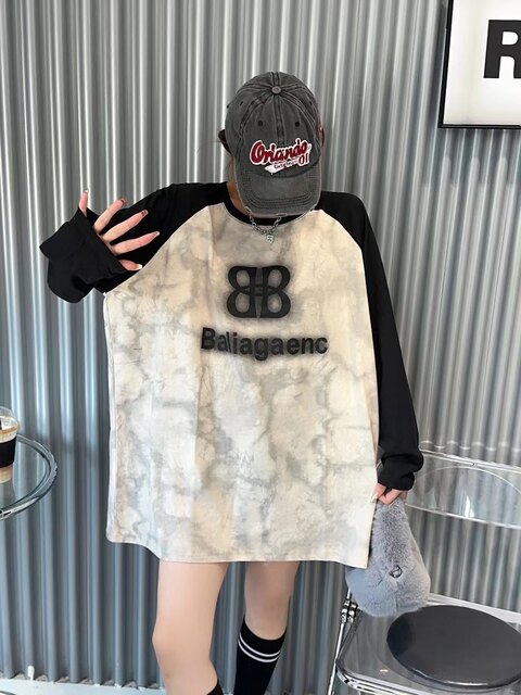 Spring and Autumn large version long-sleeved T-shirt for women Korean style raglan sleeves tie-dye all-over printed round neck top loose casual bottoming shirt trendy T