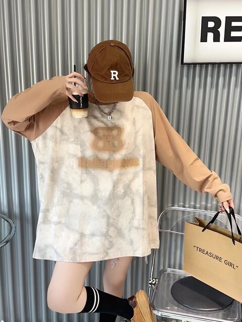 Spring and Autumn large version long-sleeved T-shirt for women Korean style raglan sleeves tie-dye all-over printed round neck top loose casual bottoming shirt trendy T