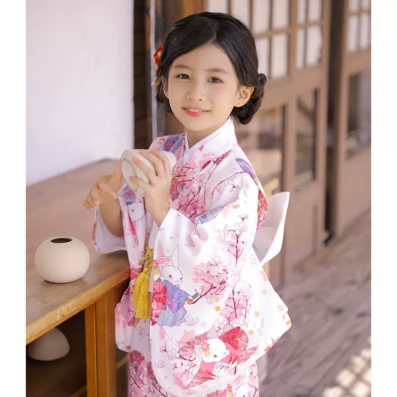 新款桔子点点日本儿童祈愿兔童装和服日式浴衣女童连衣裙演出服-Taobao