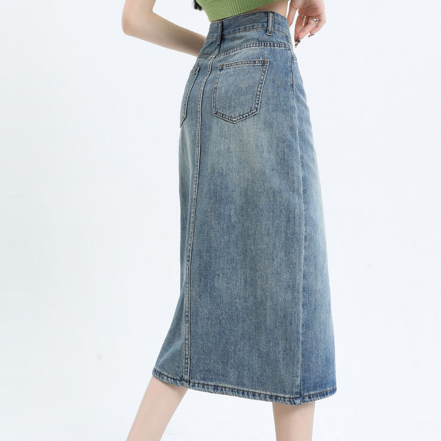 High waist slit denim skirt for women 2025 mid-length pear-shaped body covering hips A-line small hip-pack skirt