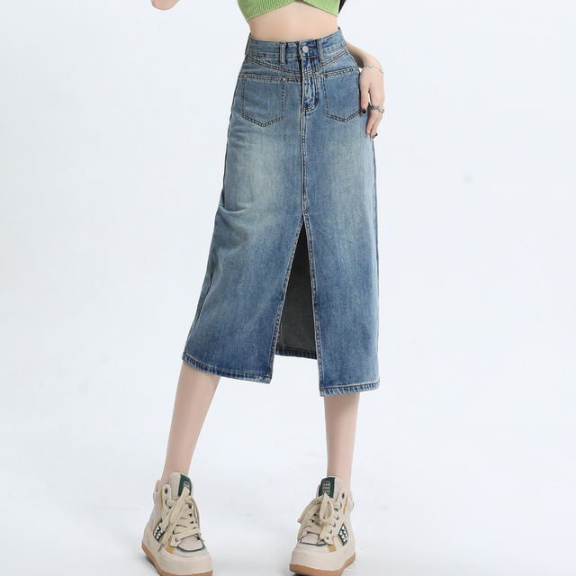 High waist slit denim skirt for women 2025 mid-length pear-shaped body covering hips A-line small hip-pack skirt