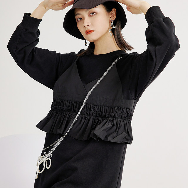 Fankai mid-length sweatshirt fake two-piece design black round neck sweatshirt dress loose casual ruffle edge