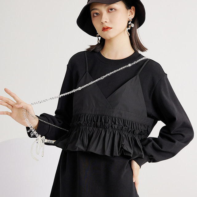 Fankai mid-length sweatshirt fake two-piece design black round neck sweatshirt dress loose casual ruffle edge