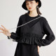 Fankai mid-length sweatshirt fake two-piece design black round neck sweatshirt dress loose casual ruffle edge