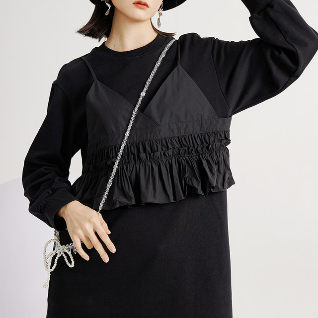 Fankai mid-length sweatshirt fake two-piece design black round neck sweatshirt dress loose casual ruffle edge