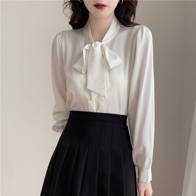 Office worker high-end white bow tie satin long-sleeved shirt for women 2025 spring and autumn commuting OL shirt
