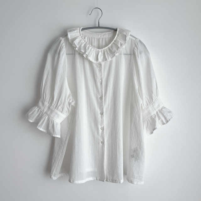 Qinglu Japanese bilitis same style Shenji sister recommends pure cotton petal lotus leaf collar mid-sleeved shirt for women to look slim