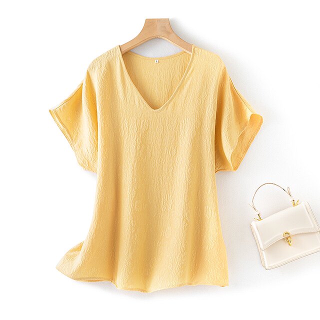
Mulberry silk crane crepe jacquard T-shirt summer new style for women commuting versatile V-neck loose comfortable breathable rag-back sleeves