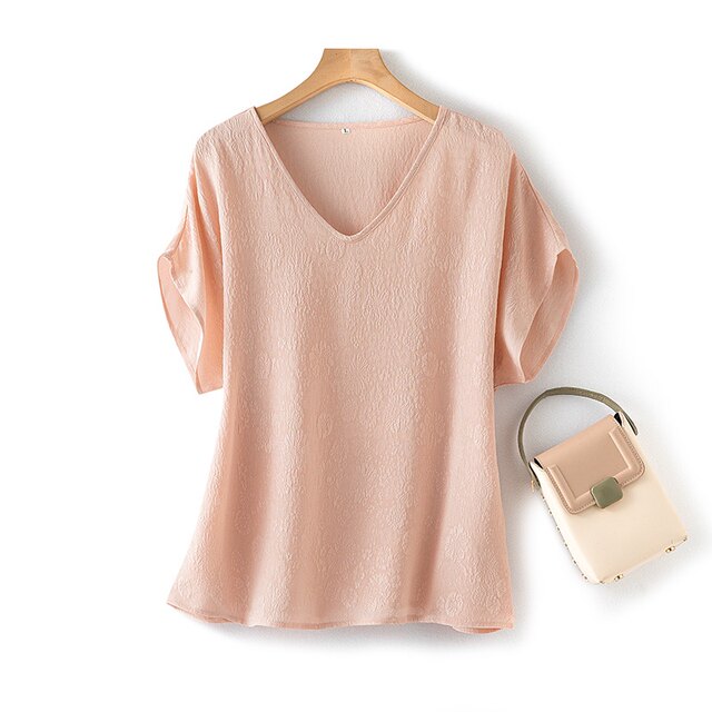 
Mulberry silk crane crepe jacquard T-shirt summer new style for women commuting versatile V-neck loose comfortable breathable rag-back sleeves