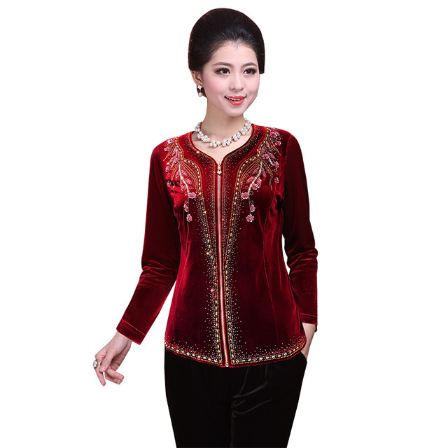 High-end beaded fashion middle-aged and elderly women's thin jacket zipper cardigan large size temperament mother's gold velvet top
