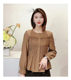 Spring round neck shirt versatile and fashionable slim fit and slim bottoming ruffle elastic elastic puff sleeve flared sleeve top