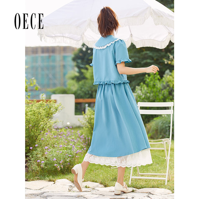 Oece retro skirt summer new women's French lace splicing skirt high-waisted midi skirt