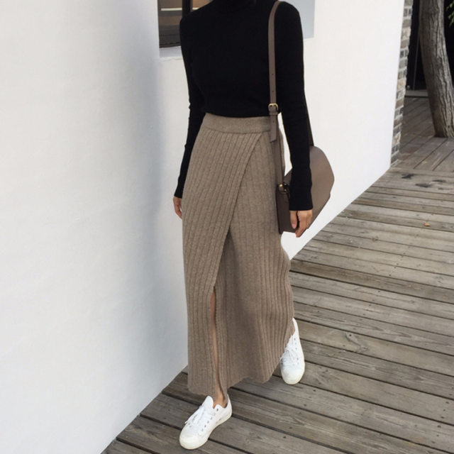 2024 autumn and winter new knitted skirt for women retro style sexy slit hip skirt high waist slim pencil skirt