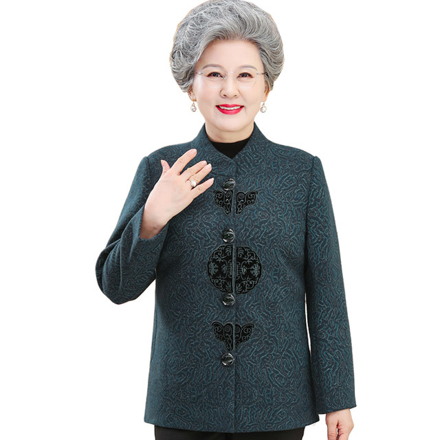 Grandma Spring and Autumn Tang coat middle-aged and elderly female mothers wear autumn and winter plus velvet old lady clothes stand up collar loose