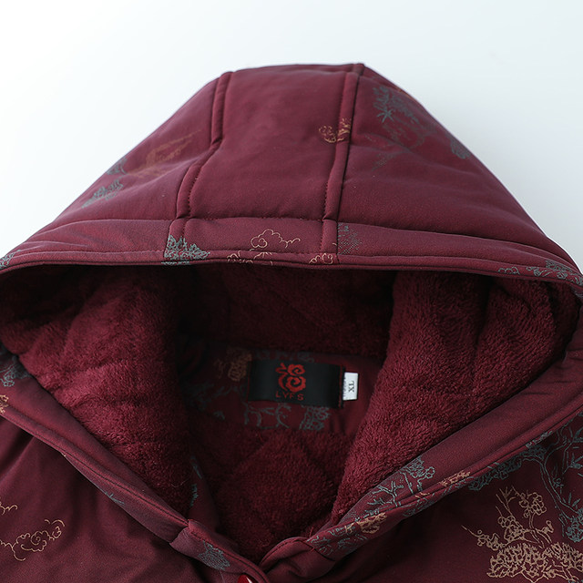 Middle -aged and elderly people in winter cotton clothes female grandma hooded jacket plus velvet thickened mother warm cotton jacket old lady loose