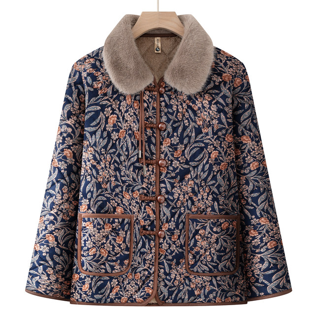 Mom's autumn and winter clothing, light and thin cotton-padded coat, velvet warm cotton coat, middle-aged and elderly women's clothing, grandma lapel cotton-padded jacket